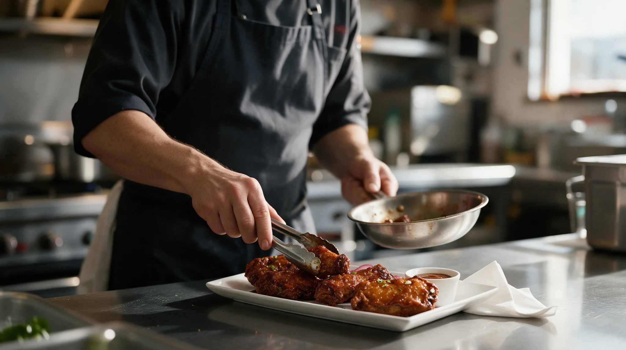 Chef uses tongs to plate sauced chicken drumsticks in a restaurant kitchen.