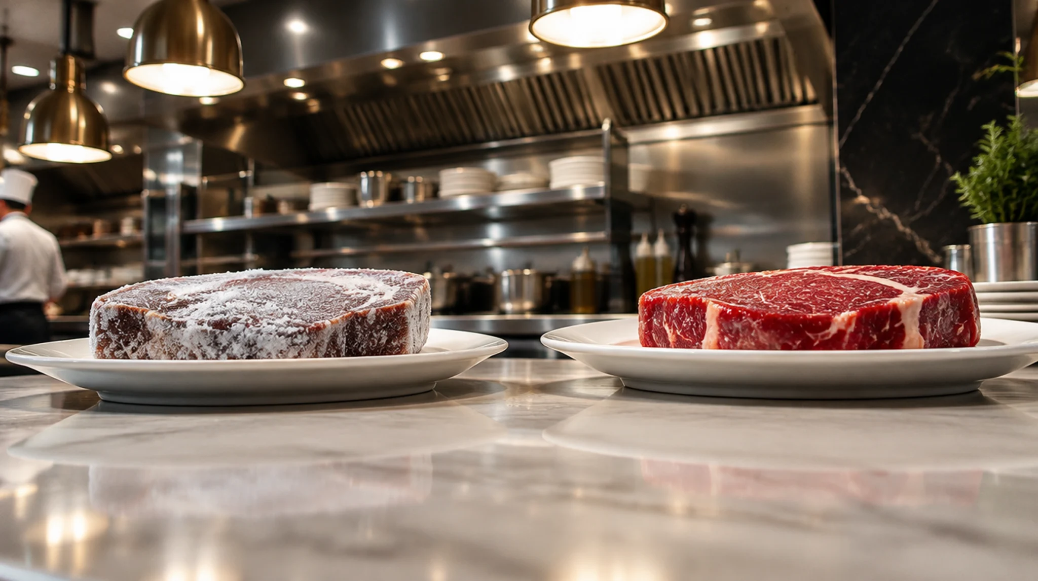 Comparison of a frosted frozen steak and a fresh raw ribeye steak