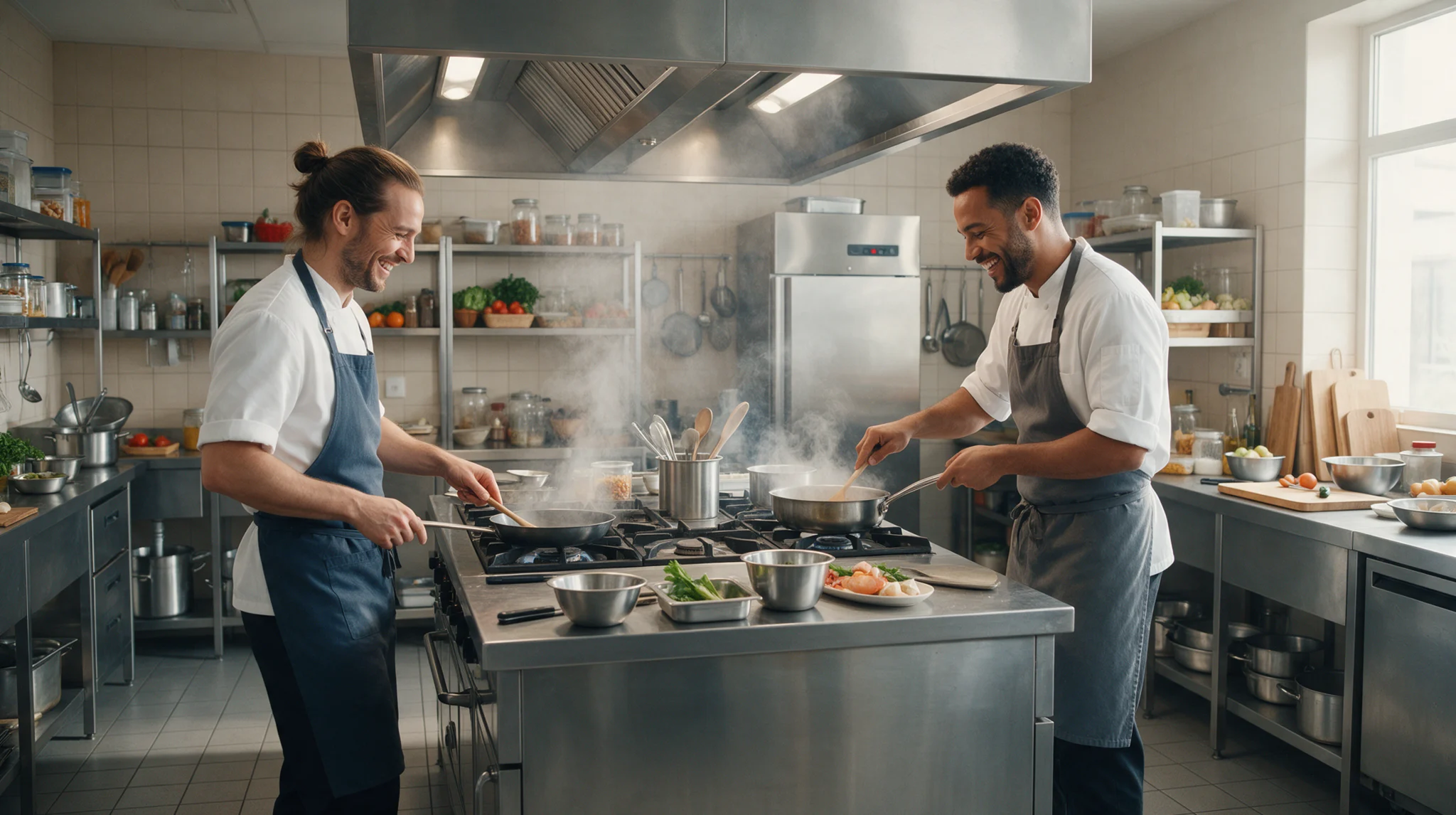 Two chefs cooking together at a commercial stove in a professional restaurant kitchen.