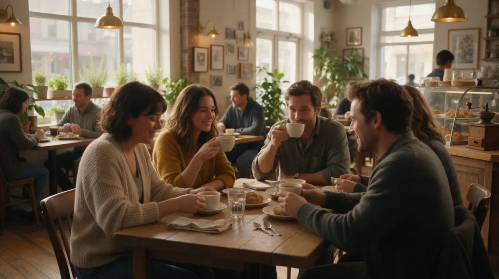 Guests enjoying coffee together in a warm, busy café with pastries and table service