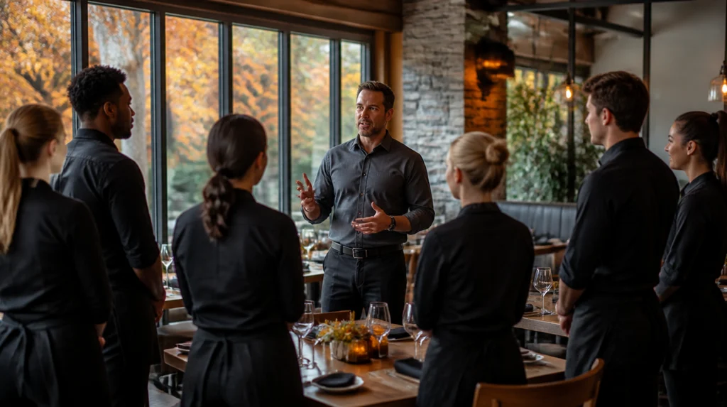Restaurant manager speaking to service staff during a pre-shift meeting in a dining room