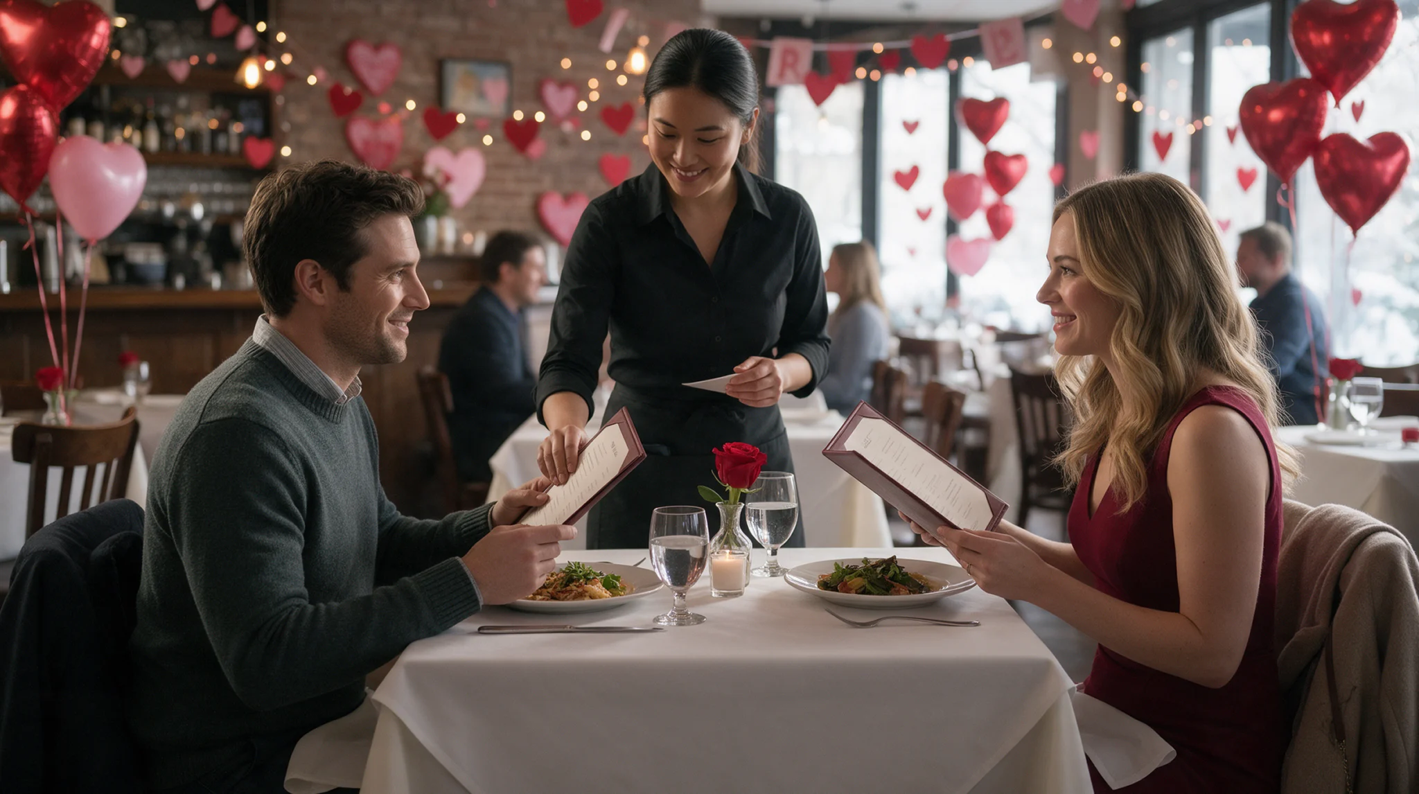 Couple reading menus at a Valentine’s Day dinner table