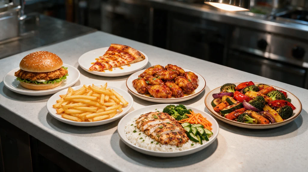 Restaurant menu items on a prep counter