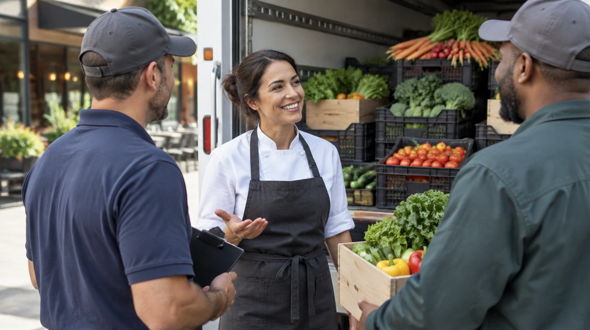 Chef speaking with produce delivery workers outside a restaurant