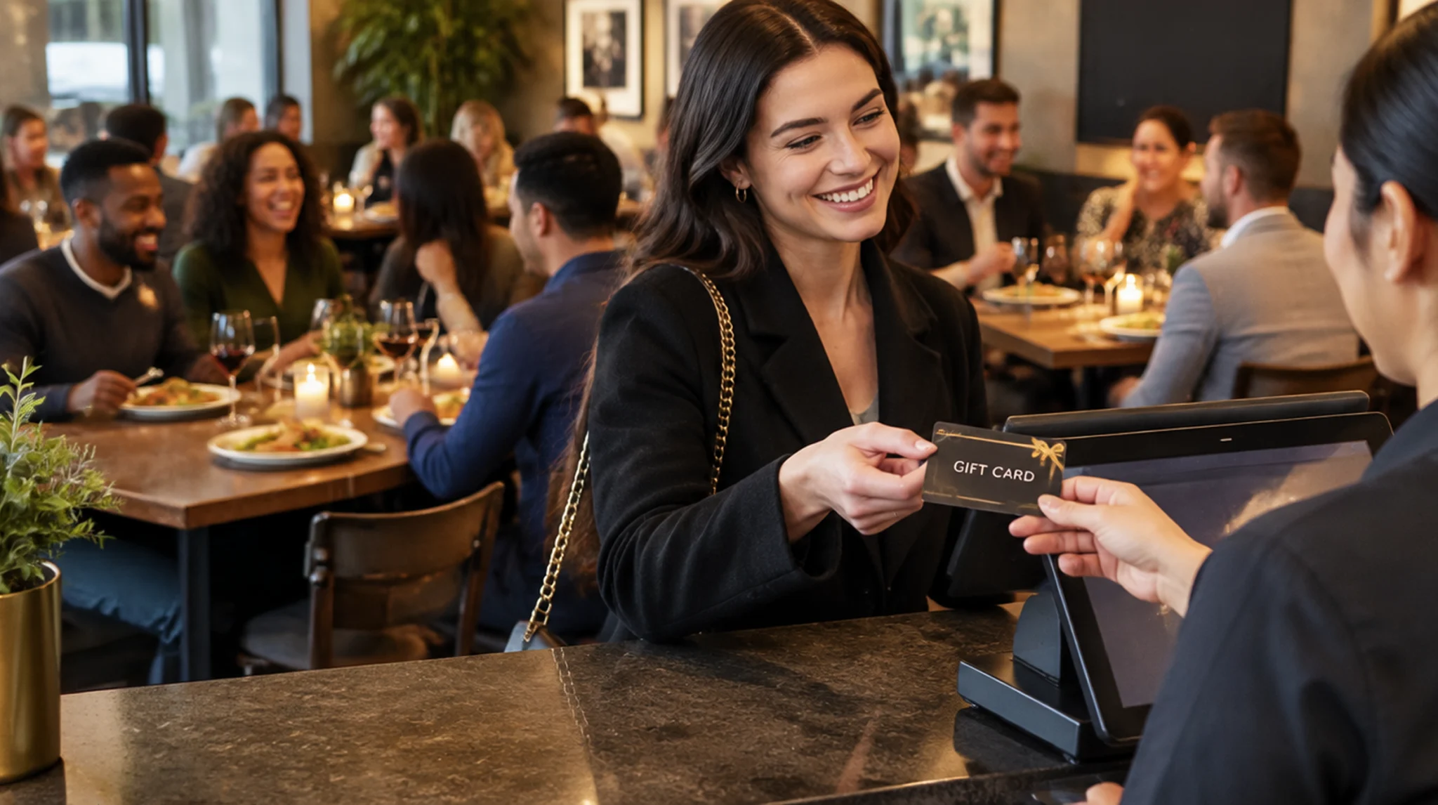A restaurant guest hands a gift card to a cashier at the counter while diners enjoy meals