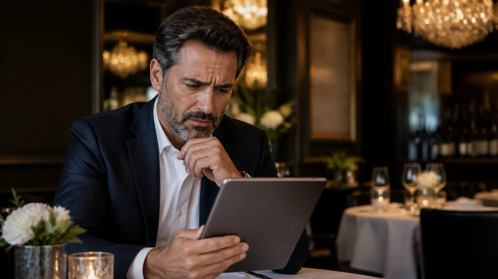 Restaurant owner in an upscale dining room reading customer feedback on a tablet.