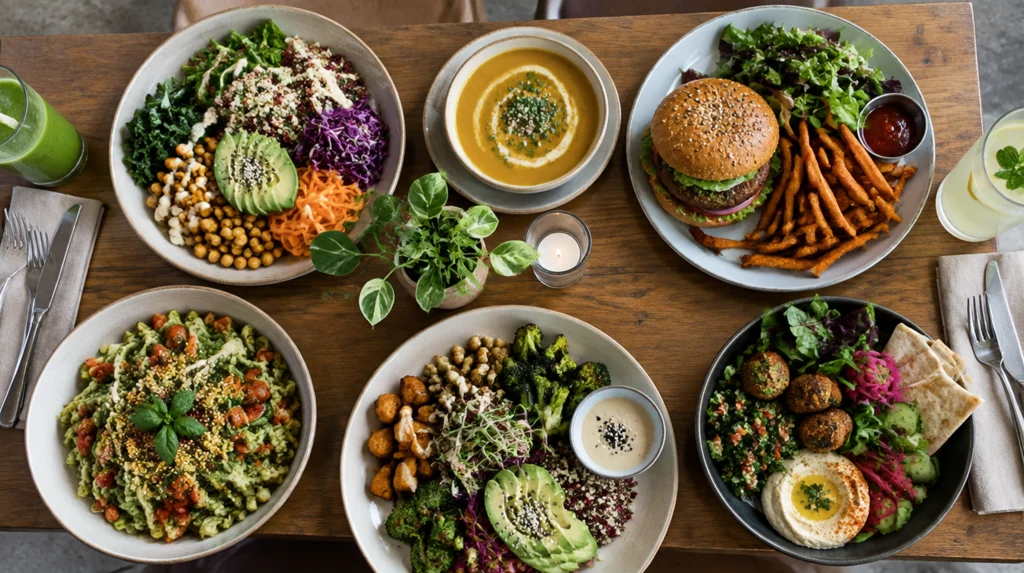View of a restaurant table with a burger and fries, grain bowls, pasta, soup, and a salad with pita.