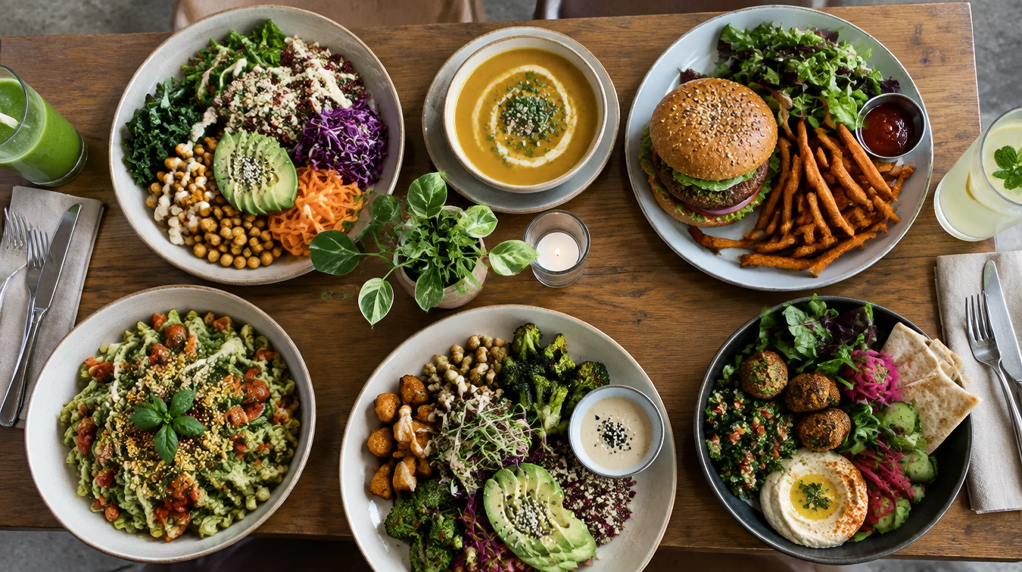 View of a restaurant table with a burger and fries, grain bowls, pasta, soup, and a salad with pita.