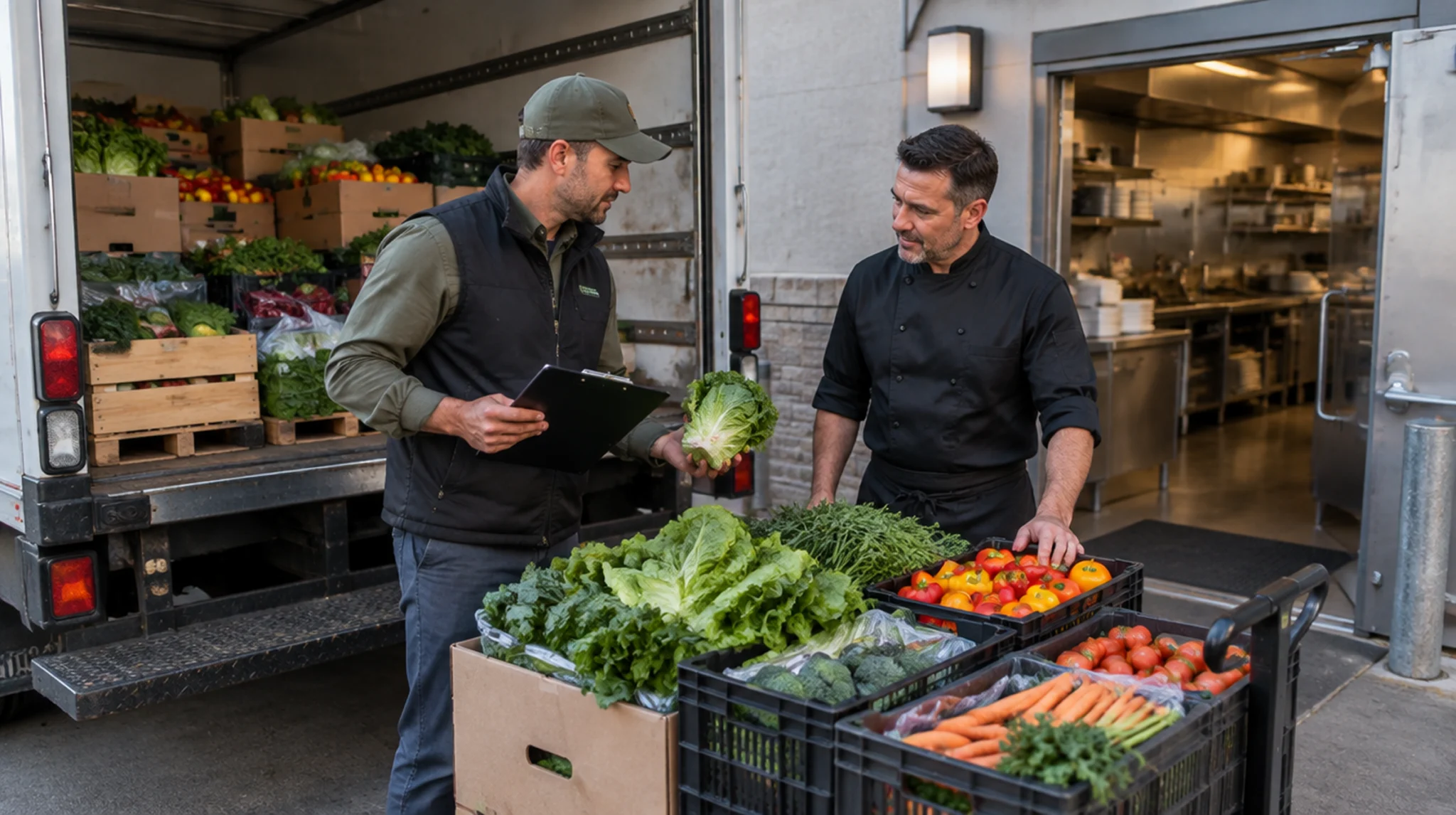 Produce delivery worker and chef inspect fresh lettuce beside a truck outside a restaurant kitchen.