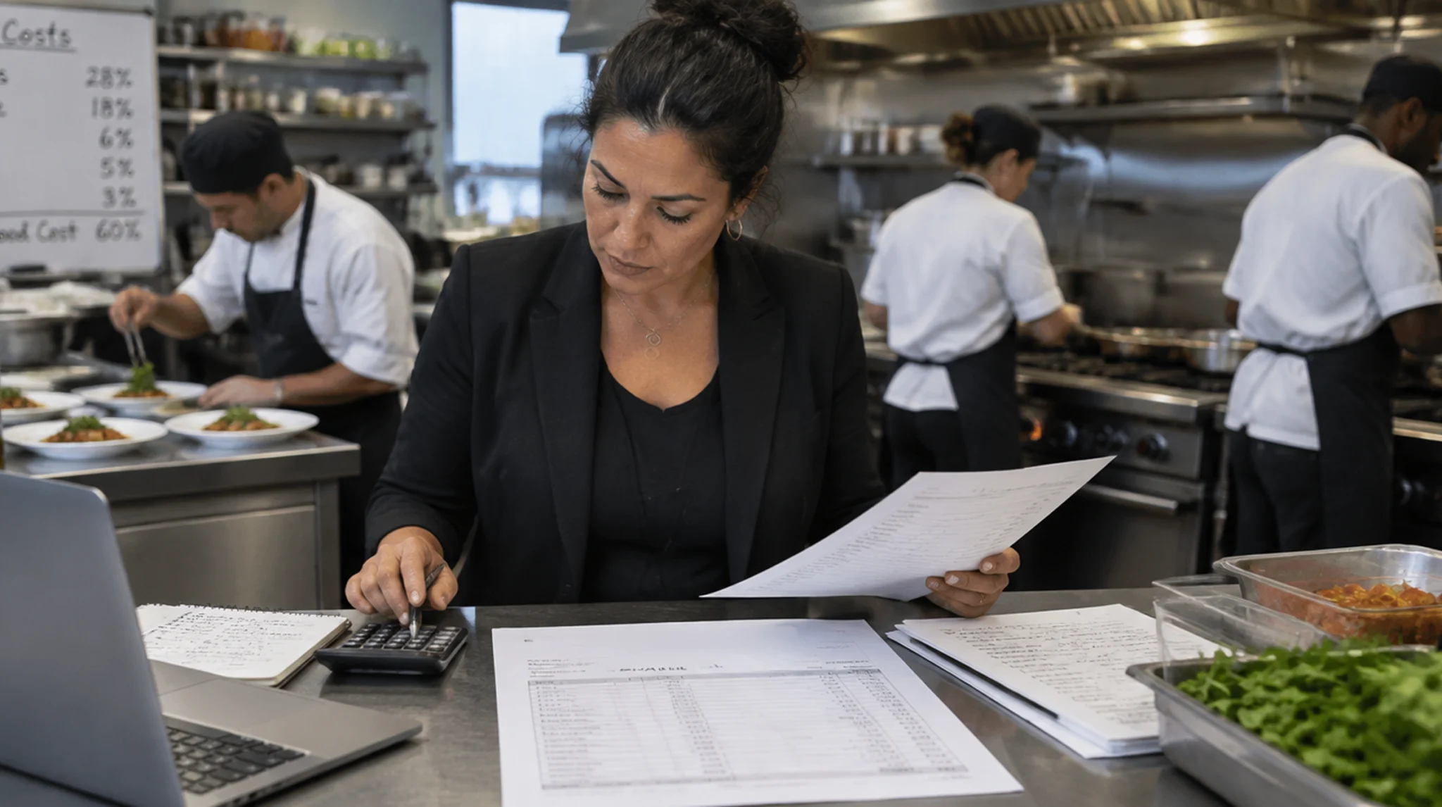 Female restaurant manager reviewing inventory and cost documents with calculator showing food cost percentages
