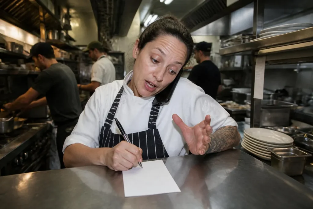 Restaurant Chef Managing Food Costs and Supplier Orders in Kitchen