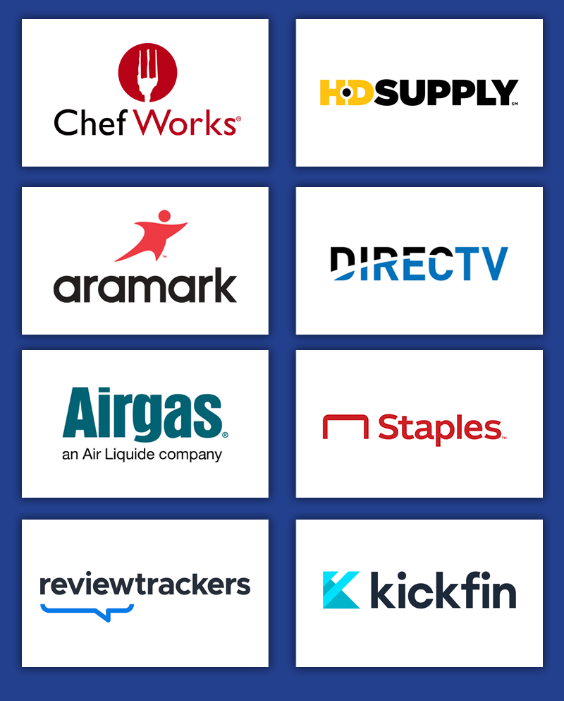 ChefWorks, HDSupply, aramark, DirecTV, Airgas, Staples, reviewtrackers, kickfin company logo grid