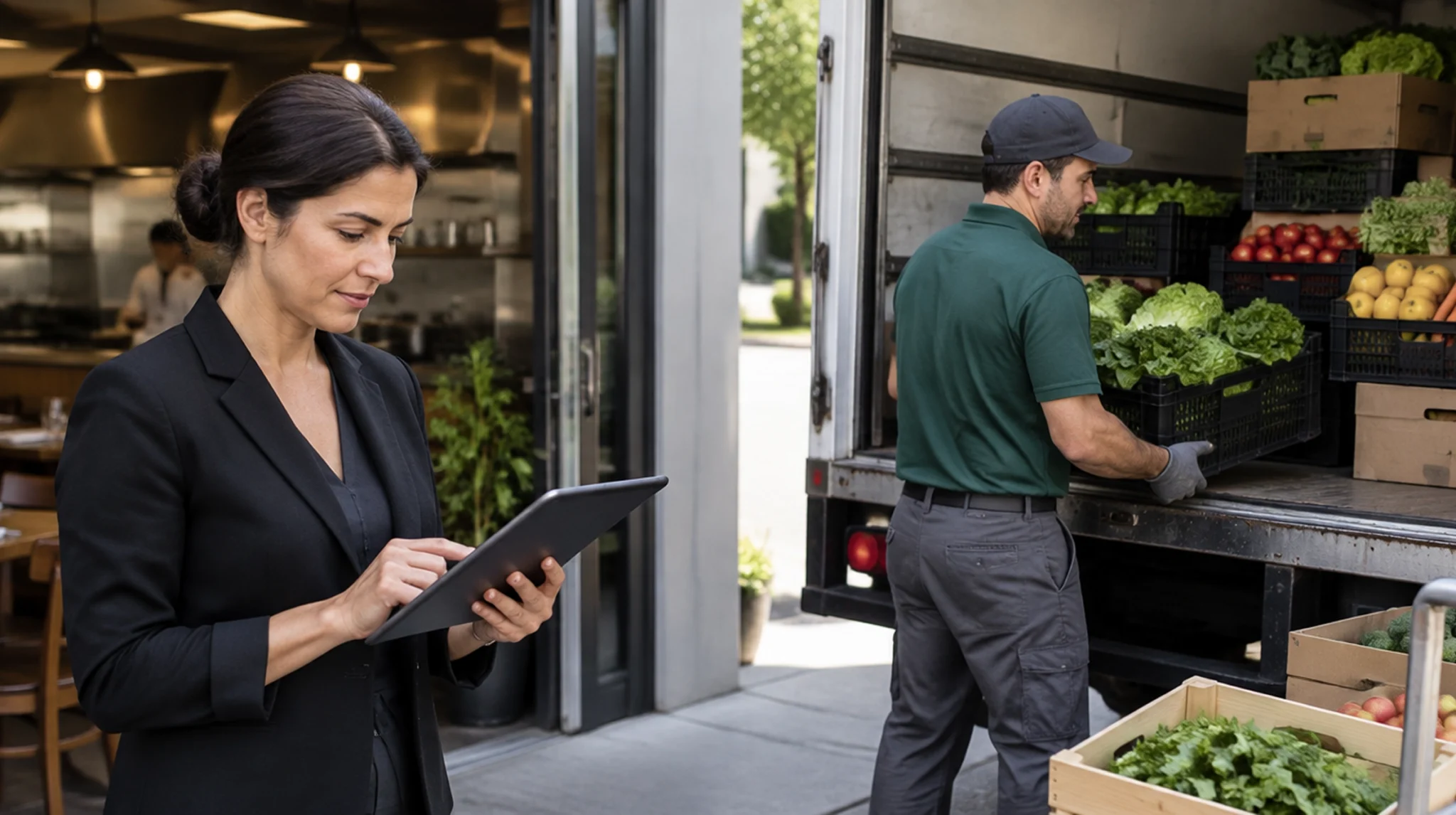 Restaurant operator checks a tablet while a delivery worker unloads fresh produce from a truck.