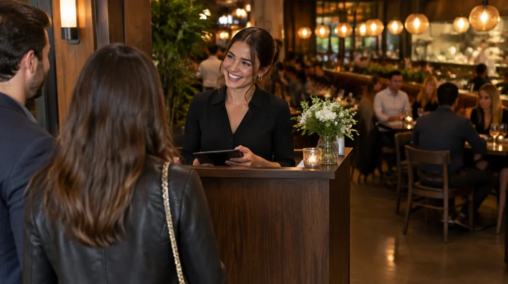 Friendly restaurant hostess smiling while greeting a couple at the host stand