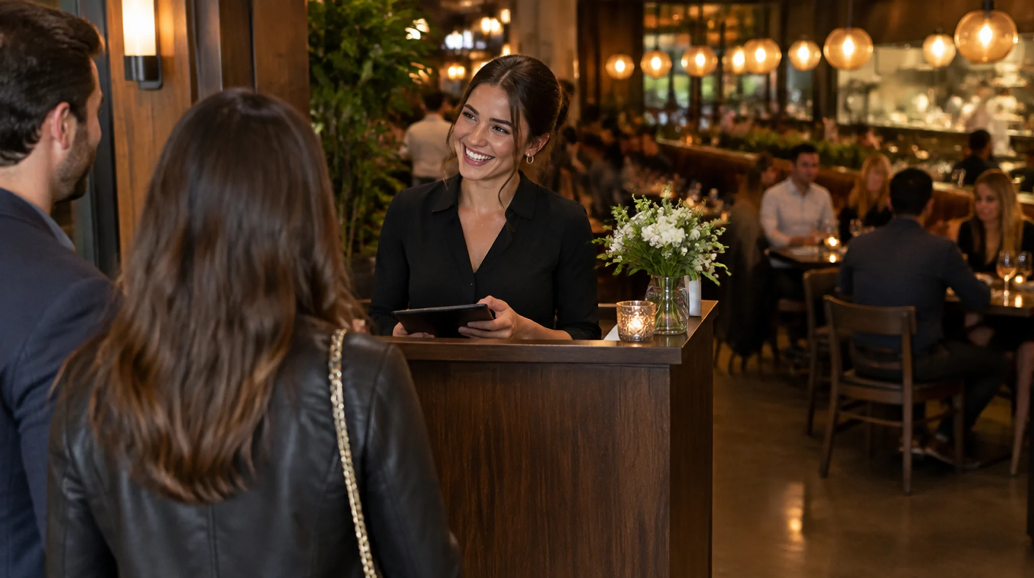Friendly restaurant hostess smiling while greeting a couple at the host stand