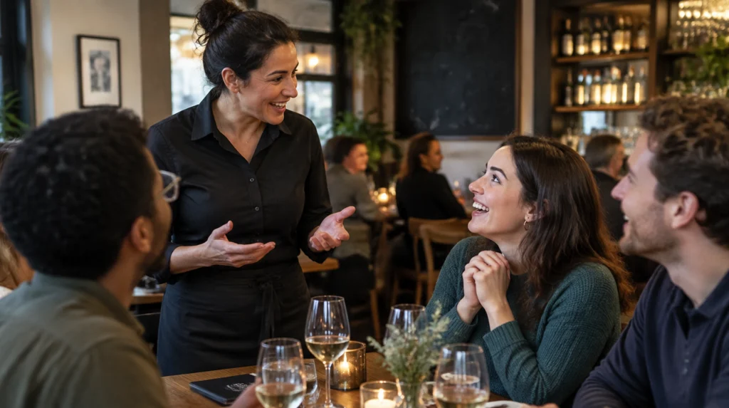 Restaurant server speaking with three guests seated around a dining table.