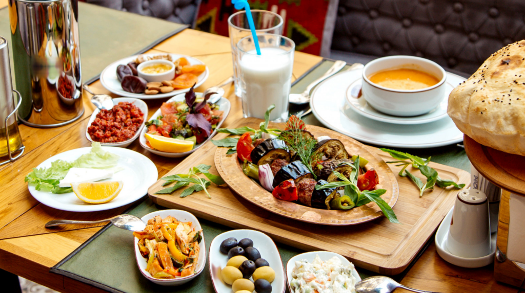 Brunch table with eggs vegetables bread and Mediterranean-style dishes