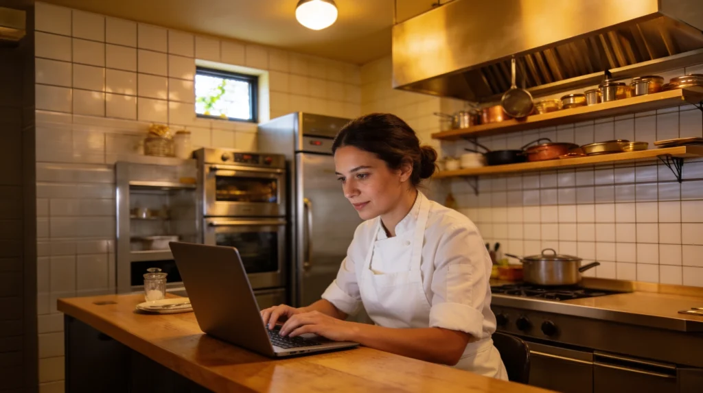 Restaurant chef using a laptop in a kitchen while managing food costs during food inflation.