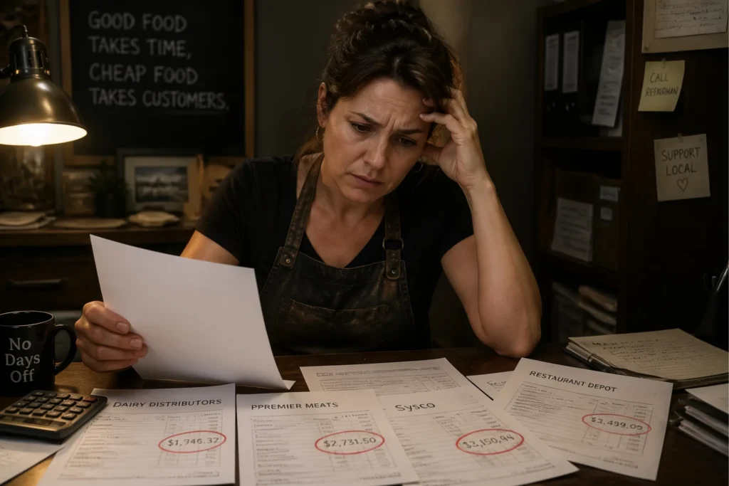restaurant owner reviewing supplier invoices while comparing restaurant buying groups and GPO