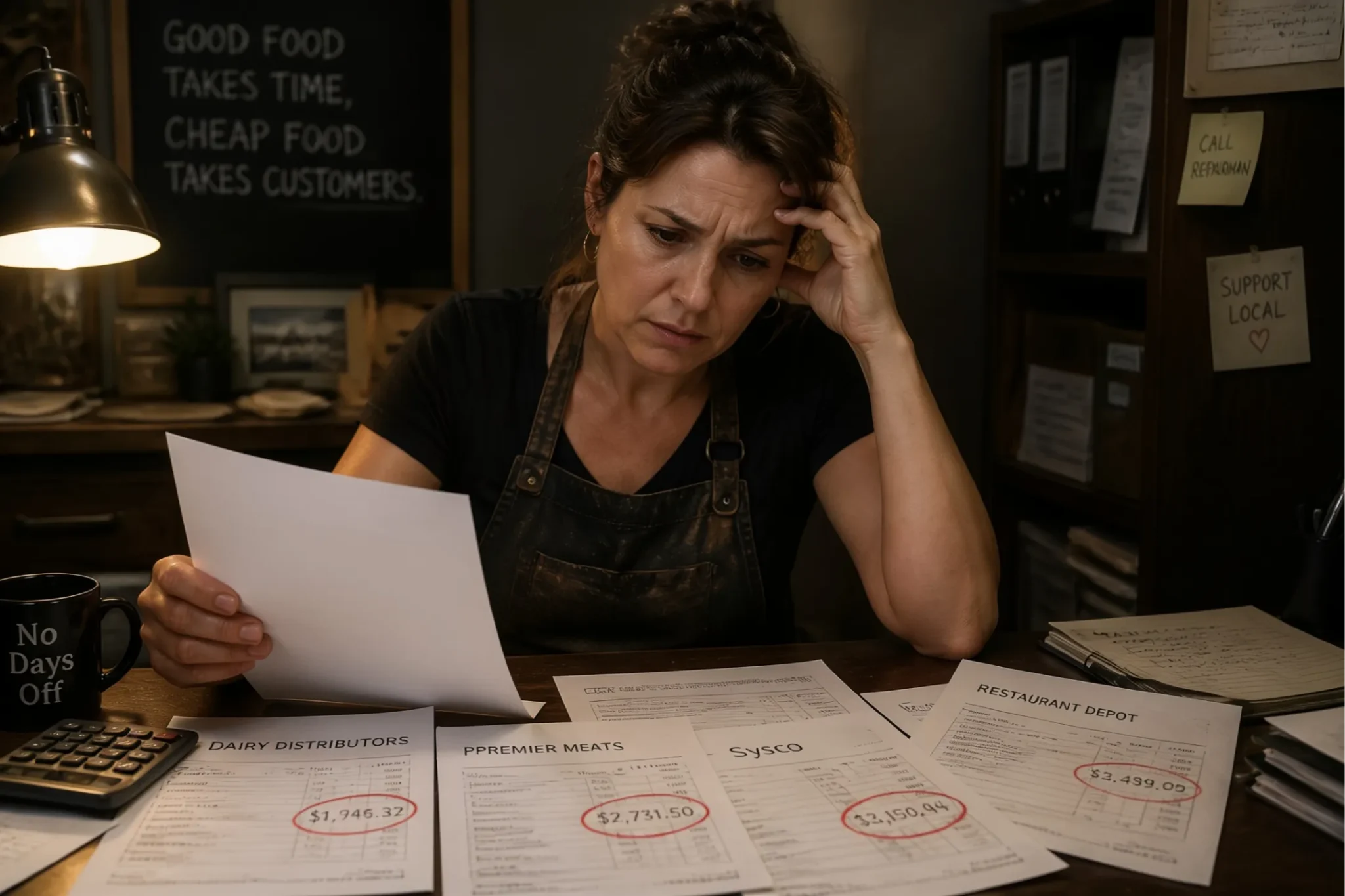 restaurant owner reviewing supplier invoices while comparing restaurant buying groups and GPO