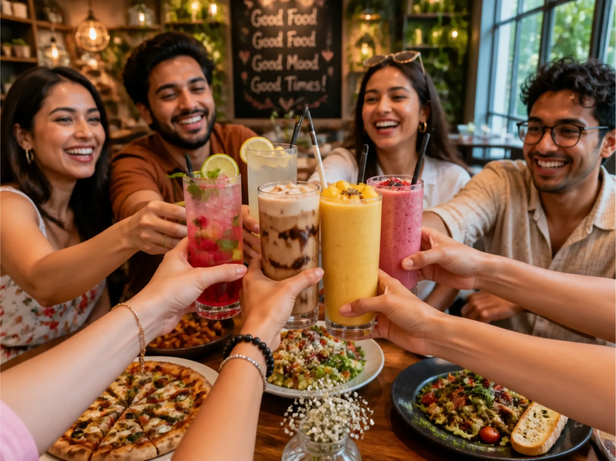 Restaurant guests enjoying colorful summer beverages including smoothies, mocktails, lemonades, and coffee drinks while dining together.