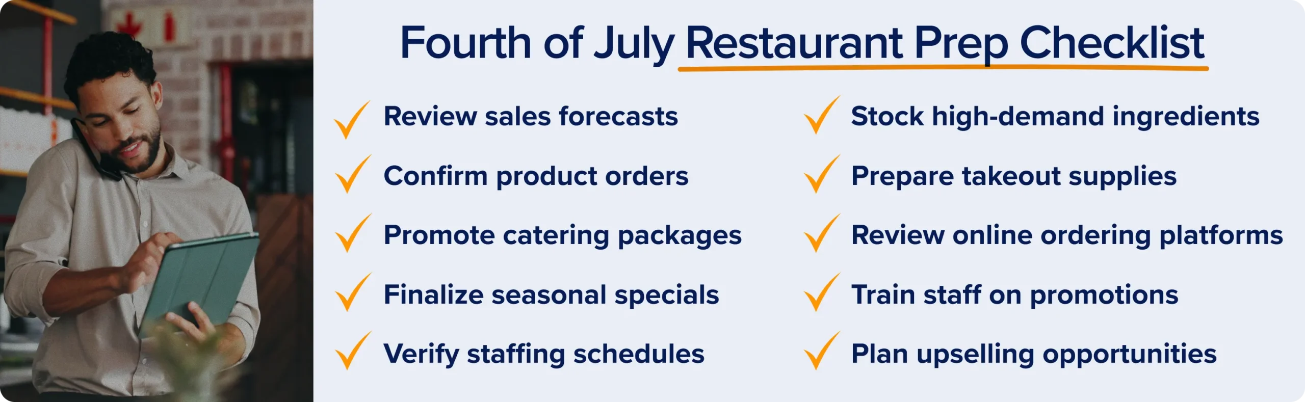 Checklist infographic outlining key steps restaurants should complete before the Fourth of July, including inventory, staffing, catering, promotions, and online ordering.