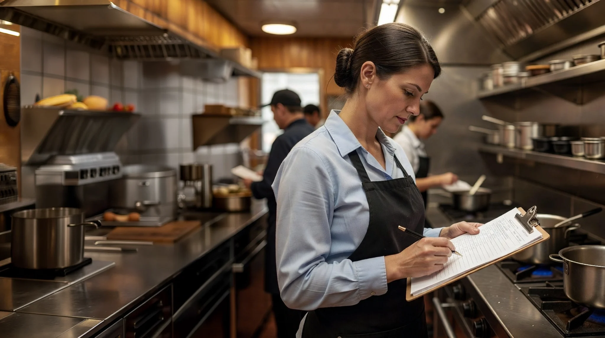 Restaurant manager reviewing a supply checklist in a commercial kitchen