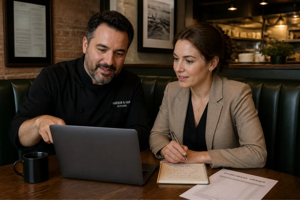 Restaurant manager and chef reviewing restaurant purchasing decisions, supplier information, and purchase orders.