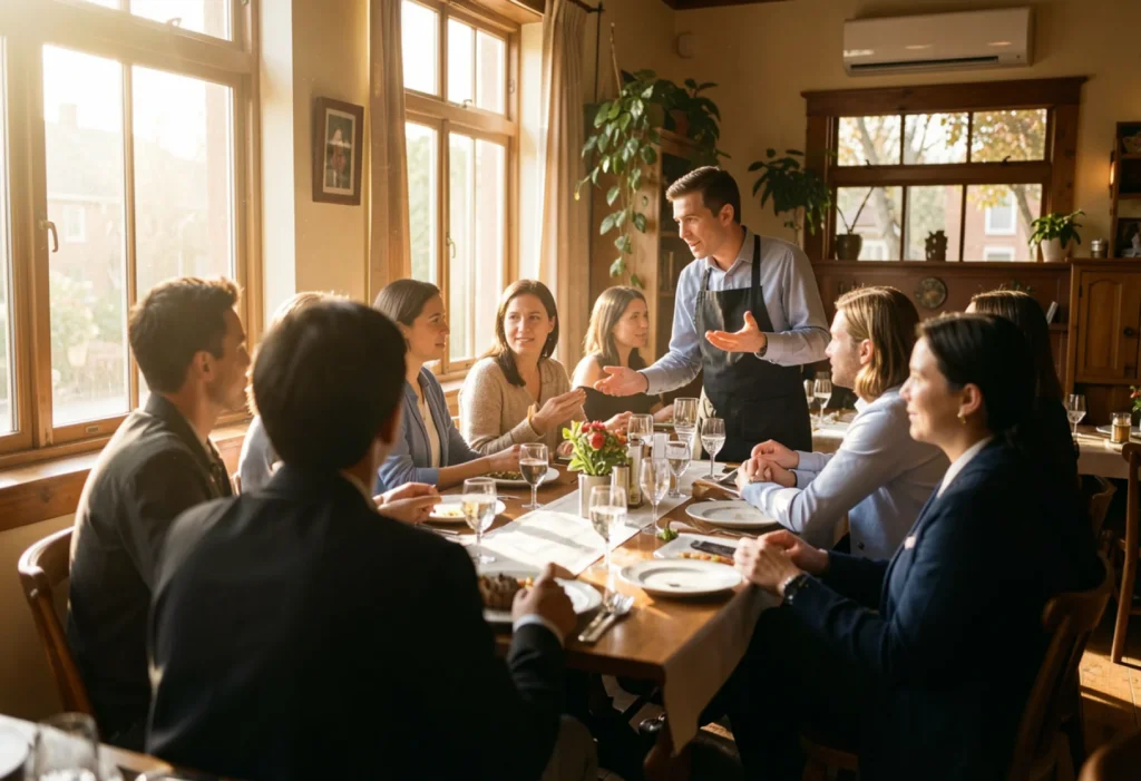 Restaurant staff and guests in a dining room, representing restaurant operations.