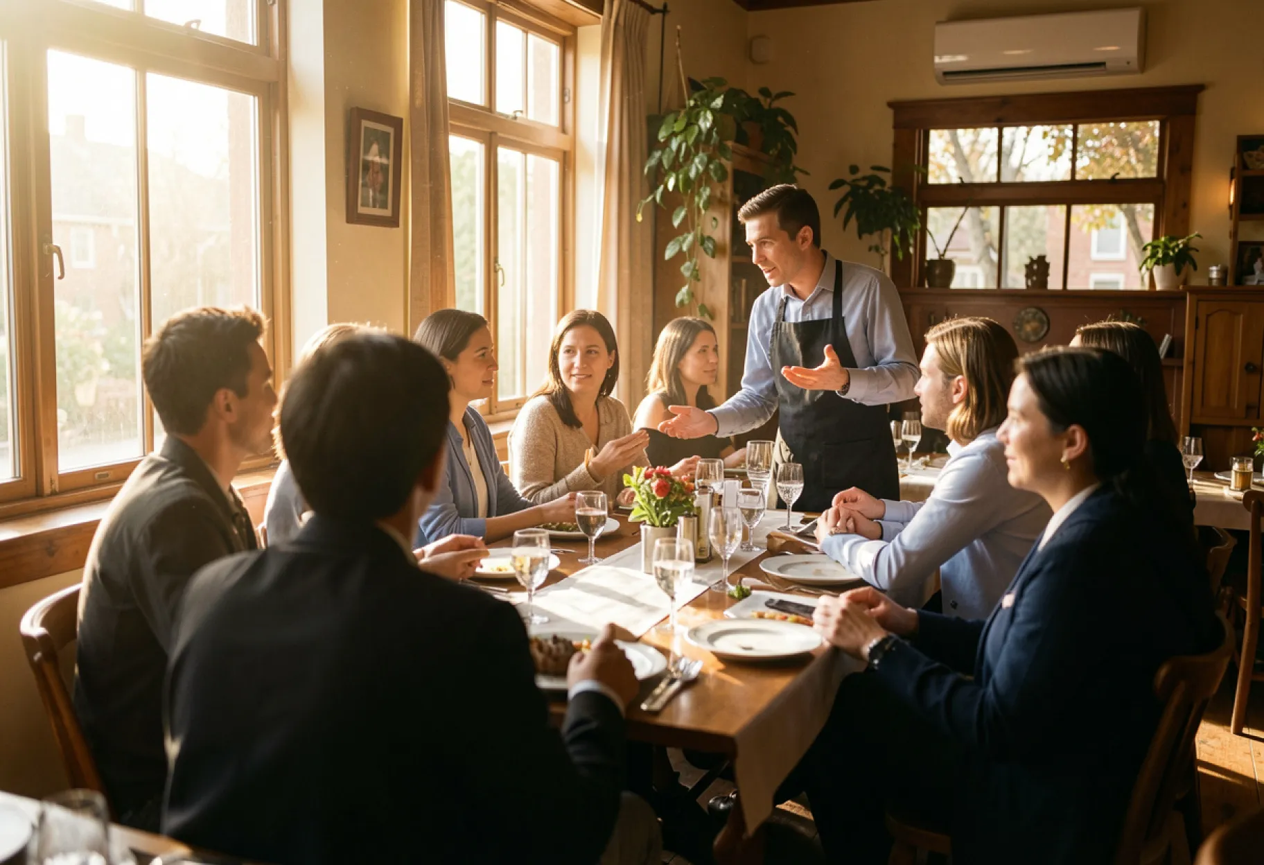 Restaurant staff and guests in a dining room, representing restaurant operations.