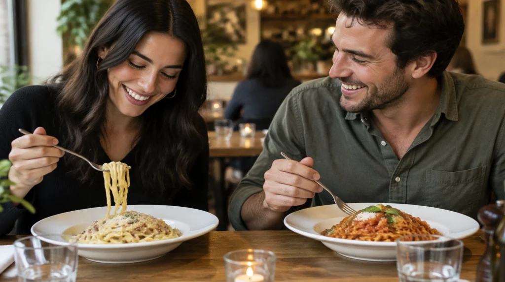 Two smiling restaurant guests enjoying plates of pasta with creamy and tomato-based sauces.