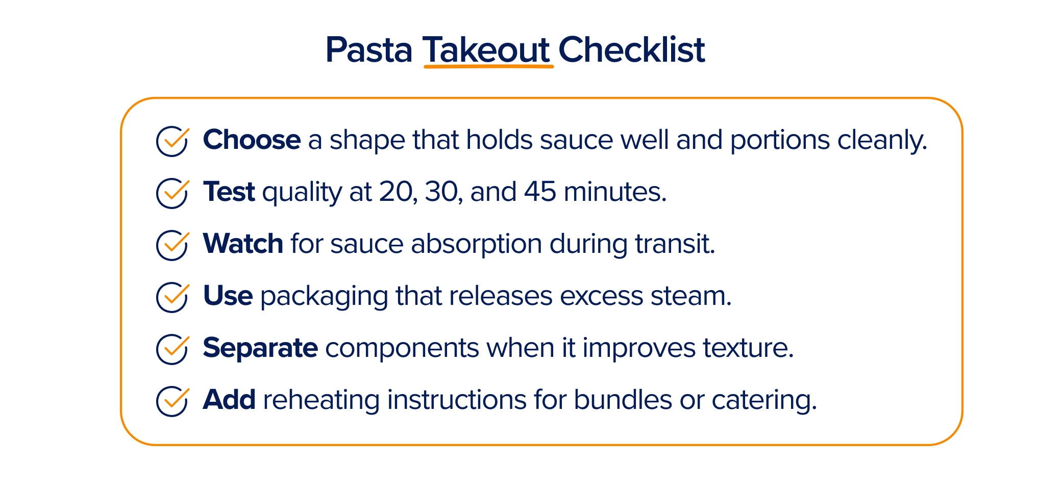 Pasta takeout checklist covering shape selection, quality tests at 20, 30, and 45 minutes, sauce absorption, steam release, separate components, and reheating instructions.